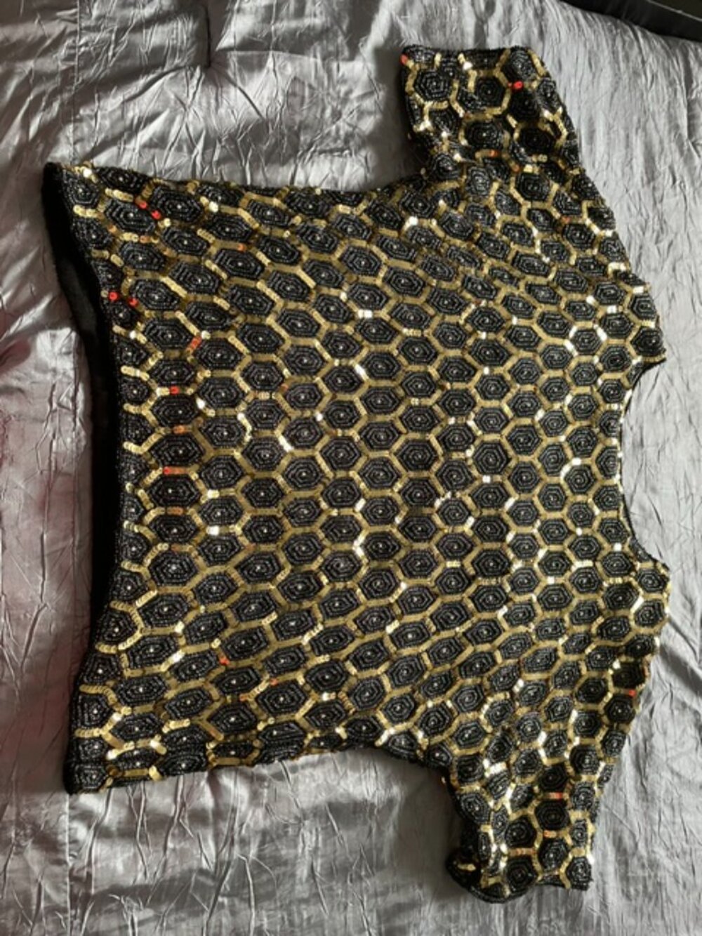 Exquisite VTG Black/Gold Sequins, beads /silver threads Top w Sequin Tiger S L - Picture 4 of 8